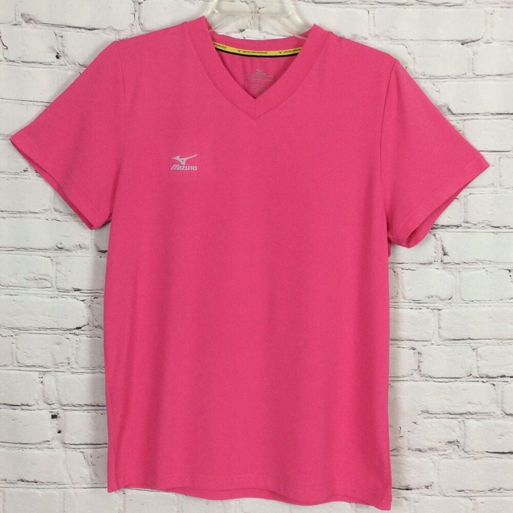 Mizuno Performance Women’s Size M Short Sleeve Shirt Pink V-Neck Stretch Logo